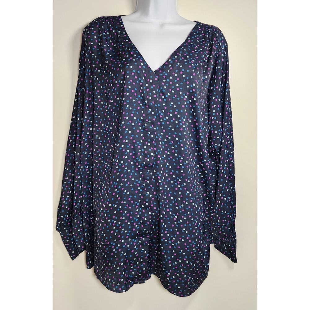 Jason Wu Women’s 2X Polka Dot Blouse Black V-Neck Button‎ Front Long Sleeve